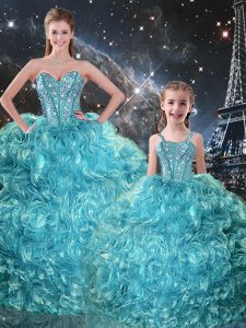 Fabulous Aqua Blue Ball Gowns Sweetheart Sleeveless Organza Floor Length Lace Up Beading and Ruffles Quinceanera Gown