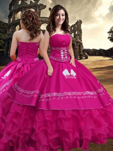 Hot Pink Zipper Ball Gown Prom Dress Embroidery and Ruffled Layers Sleeveless Floor Length