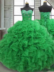 Custom Fit Floor Length Green Sweet 16 Dresses Sweetheart Sleeveless Lace Up