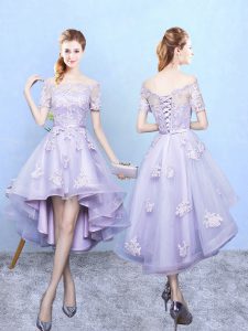 Designer Lavender A-line Lace Quinceanera Court of Honor Dress Lace Up Tulle Short Sleeves High Low