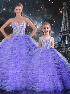 Suitable Floor Length Lace Up Sweet 16 Dress Lavender for Military Ball and Sweet 16 and Quinceanera with Beading and Ruffles