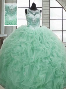 Perfect Floor Length Apple Green 15 Quinceanera Dress Scoop Sleeveless Lace Up
