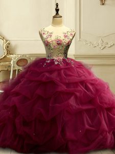 Romantic Burgundy Lace Up Scoop Appliques and Ruffles and Sequins Vestidos de Quinceanera Organza Sleeveless