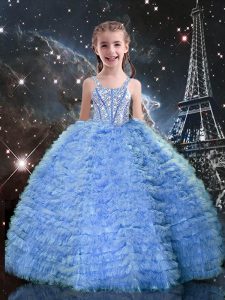 Straps Sleeveless Lace Up Kids Formal Wear Baby Blue Tulle
