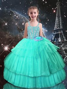 Best Turquoise Ball Gowns Straps Sleeveless Tulle Floor Length Lace Up Beading Little Girl Pageant Dress