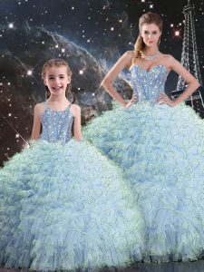 Aqua Blue Ball Gowns Sweetheart Sleeveless Organza Floor Length Lace Up Beading and Ruffles Sweet 16 Quinceanera Dress