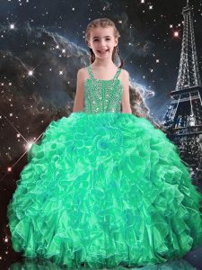 New Arrival Apple Green Ball Gowns Spaghetti Straps Sleeveless Organza Floor Length Lace Up Beading and Ruffles Little Girl Pageant Gowns
