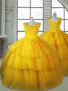 Affordable Gold Sleeveless Organza Lace Up Kids Pageant Dress for Quinceanera and Wedding Party