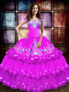Glorious Off The Shoulder Sleeveless Taffeta Sweet 16 Quinceanera Dress Embroidery and Ruffled Layers Lace Up