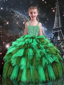 Sleeveless Tulle Floor Length Lace Up Little Girl Pageant Gowns in Apple Green with Beading and Ruffles