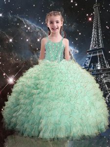 Top Selling Turquoise Organza Lace Up Little Girls Pageant Dress Sleeveless Floor Length Beading and Ruffles