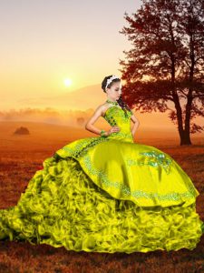 Yellow Green Sleeveless Embroidery and Ruffles Lace Up Sweet 16 Quinceanera Dress