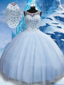 Light Blue Sleeveless Beading Floor Length Ball Gown Prom Dress
