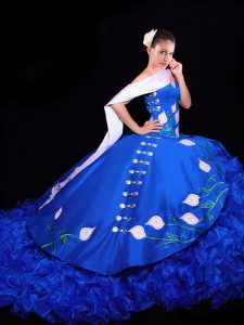 Clearance Royal Blue Ball Gowns Embroidery and Ruffles Quinceanera Dress Lace Up Organza Sleeveless