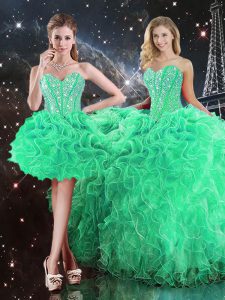 High Quality Green Sweetheart Neckline Beading and Ruffles Vestidos de Quinceanera Sleeveless Lace Up