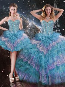 Glorious Multi-color Organza Lace Up Quinceanera Gown Sleeveless Floor Length Beading and Ruffled Layers