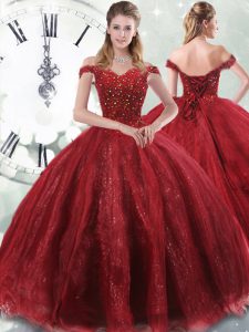 Customized Sleeveless Beading Lace Up Quinceanera Gowns with Wine Red Brush Train