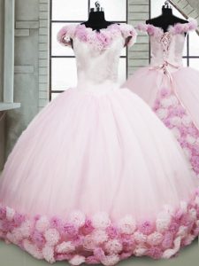 New Arrival Pink Quinceanera Dress Fabric With Rolling Flowers Brush Train Sleeveless Hand Made Flower