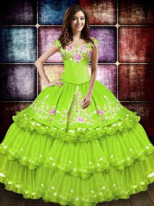 Sleeveless Taffeta Floor Length Lace Up Quinceanera Gown in Yellow Green with Embroidery and Ruffled Layers