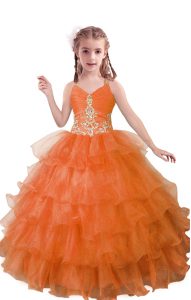 Super Organza V-neck Sleeveless Zipper Beading and Ruffled Layers Little Girl Pageant Dress in Orange Red