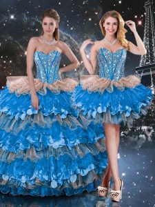 Most Popular Sleeveless Organza Floor Length Lace Up Sweet 16 Quinceanera Dress in Multi-color with Beading and Ruffles and Ruffled Layers