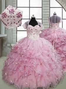 Great Baby Pink Spaghetti Straps Lace Up Beading and Ruffles Little Girls Pageant Gowns Brush Train Sleeveless