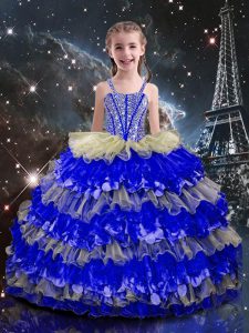 Straps Sleeveless Pageant Gowns For Girls Floor Length Beading and Ruffled Layers Multi-color Organza