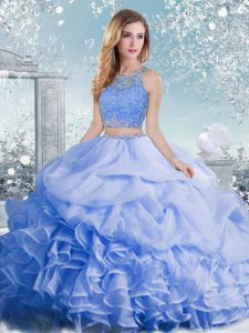 Best Baby Blue Ball Gowns Beading and Ruffles and Pick Ups Ball Gown Prom Dress Clasp Handle Organza Sleeveless Floor Length