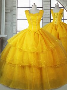 Dazzling Gold Ball Gowns Straps Sleeveless Organza Floor Length Lace Up Ruffled Layers Quince Ball Gowns