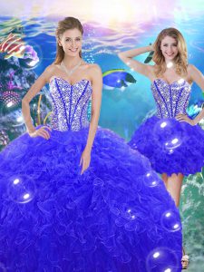 Discount Blue Lace Up Quinceanera Dresses Beading and Ruffles Sleeveless Floor Length