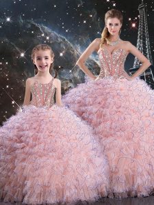Hot Selling Organza Sweetheart Sleeveless Lace Up Beading and Ruffles 15th Birthday Dress in Baby Pink