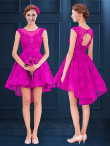 Fuchsia Lace Up Scoop Lace and Belt Dama Dress for Quinceanera Satin and Tulle Sleeveless