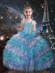 Organza Straps Sleeveless Lace Up Beading and Ruffled Layers Little Girl Pageant Gowns in Teal