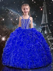 Fashion Straps Sleeveless Lace Up Child Pageant Dress Royal Blue Organza