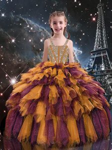 Ball Gowns Little Girls Pageant Dress Wholesale Orange Straps Tulle Sleeveless Floor Length Lace Up
