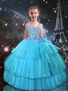 Sleeveless Floor Length Beading and Ruffled Layers Lace Up Little Girl Pageant Dress with Aqua Blue