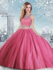 Customized Hot Pink Ball Gowns Beading and Sequins Quinceanera Gowns Clasp Handle Tulle Sleeveless Floor Length
