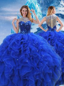 Best Royal Blue Sleeveless Organza Zipper Quince Ball Gowns for Military Ball and Sweet 16 and Quinceanera