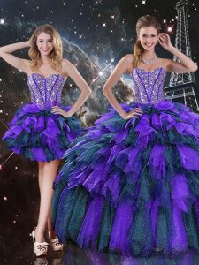 Romantic Floor Length Lace Up Sweet 16 Dresses Multi-color for Military Ball and Sweet 16 and Quinceanera with Beading and Ruffles and Ruffled Layers