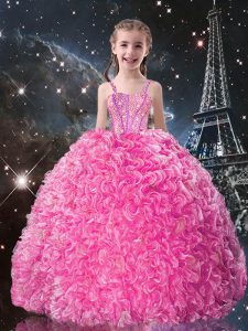 Classical Floor Length Rose Pink Pageant Gowns For Girls Organza Sleeveless Beading and Ruffles