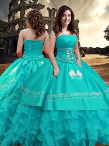 Sleeveless Taffeta Floor Length Zipper 15 Quinceanera Dress in Turquoise with Embroidery and Ruffled Layers
