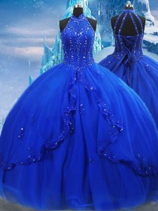 Dynamic Royal Blue Sleeveless Tulle Brush Train Lace Up 15th Birthday Dress for Military Ball and Sweet 16 and Quinceanera