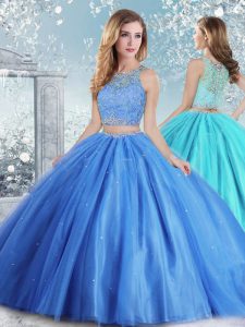 Comfortable Baby Blue Clasp Handle Scoop Beading and Sequins Quince Ball Gowns Tulle Sleeveless