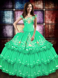 Fine Off The Shoulder Sleeveless Taffeta Vestidos de Quinceanera Embroidery and Ruffled Layers Lace Up