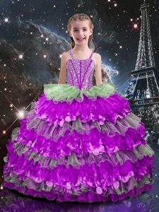 Floor Length Lace Up Little Girls Pageant Dress Multi-color for Quinceanera and Wedding Party with Beading and Ruffled Layers