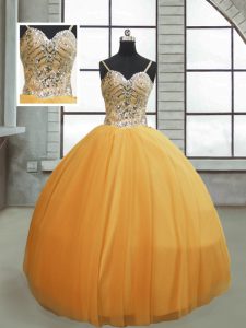 Spaghetti Straps Sleeveless 15th Birthday Dress Floor Length Beading Gold Tulle