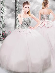 Cheap Tulle Sleeveless Quinceanera Gown Brush Train and Beading and Bowknot
