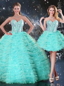 Turquoise Sleeveless Floor Length Beading and Ruffled Layers Lace Up Sweet 16 Dresses