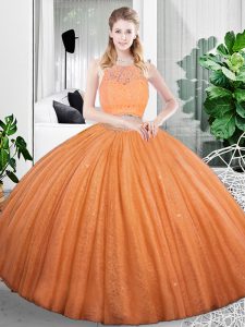 Deluxe Organza Scoop Sleeveless Zipper Lace and Ruching 15 Quinceanera Dress in Orange