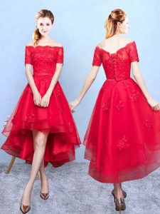 Custom Made Half Sleeves Organza High Low Lace Up Dama Dress for Quinceanera in Wine Red with Appliques